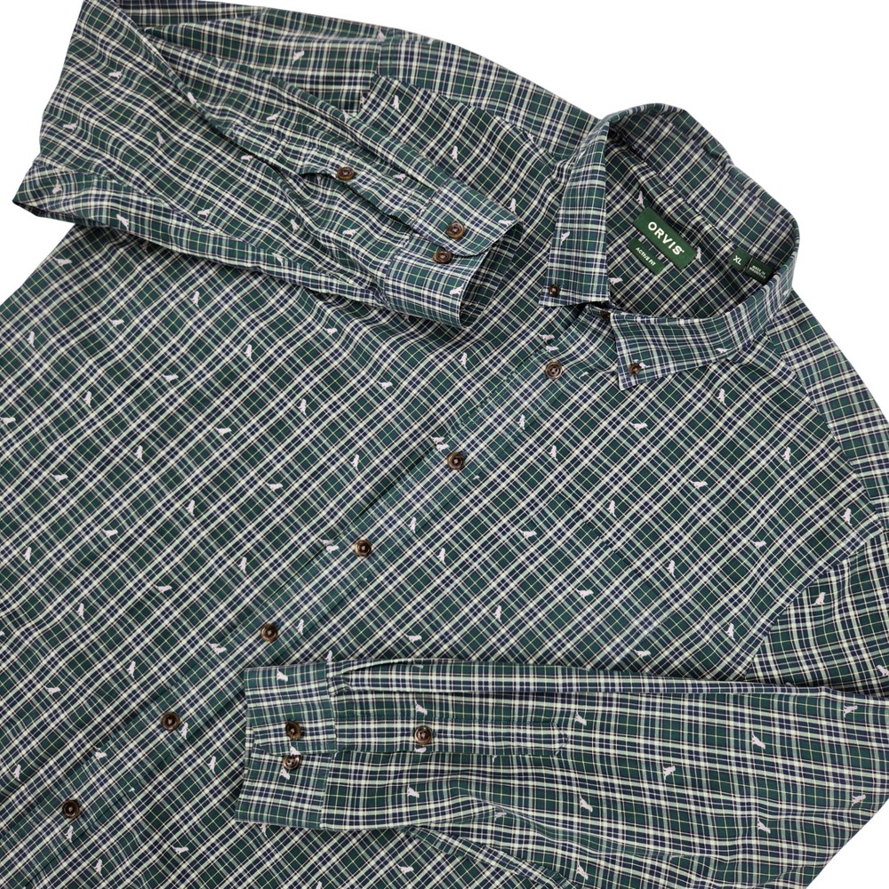 Orvis XL Plaid DOG Motif Button Down Shirt Mens Green Active Fit Long Sleeve